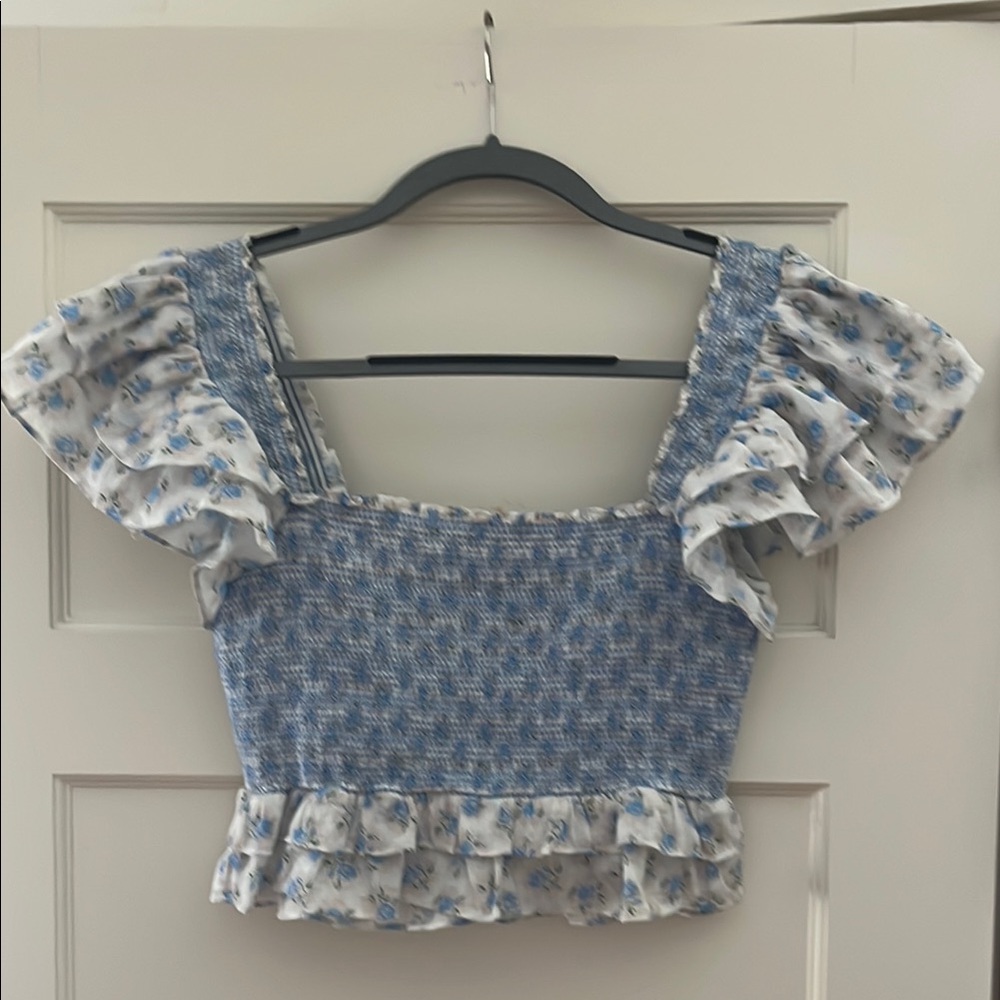 LoveShackFancy Blue and White Puff Sleeve Crop Top
